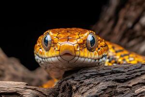 A close up of a yellow snake with black background photo