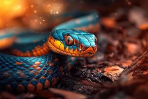 A blue and orange snake with a bright blue and orange head photo