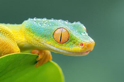 A close up of a geckole with water drops on its head photo