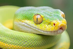 A green snake with yellow eyes photo