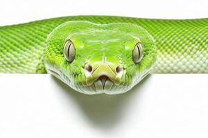 A green snake with its head sticking out over a white wall photo