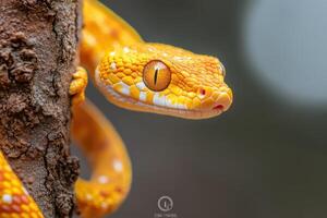 A close up of a yellow snake on a tree photo