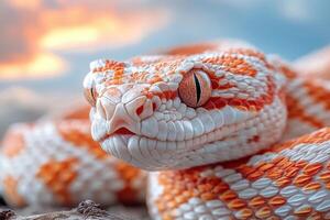 A close up of a snake with orange and white stripes photo