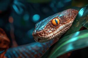 A snake with bright orange eyes is sitting on a leaf photo