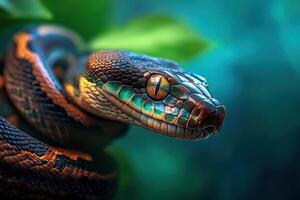 A close up of a snake with green leaves photo