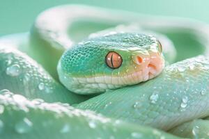 A green snake with water droplets on its head photo
