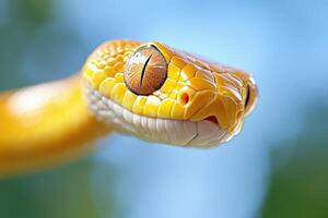 A close up of a yellow snake with its head up photo
