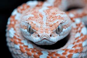 A close up of a snake's head with orange and white spots photo