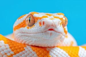 A close up of an orange and white snake photo