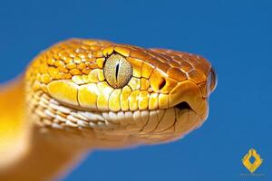 A close up of a yellow snake's head photo