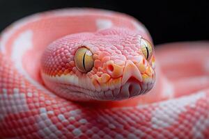 A close up of a pink snake with yellow eyes photo