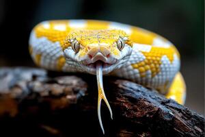 A yellow and white snake with its mouth open photo