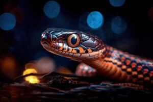 A snake with bright lights in the background photo