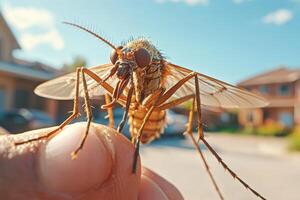 A mosquito is sitting on a person's finger photo