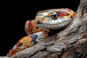 A close up of a snake with colorful stripes photo