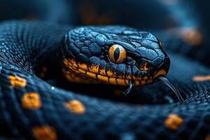 A close up of a black snake with orange spots photo