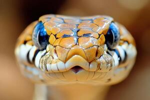 A close up of a snake's head with blue eyes photo