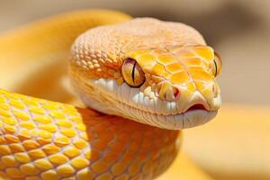 A close up of a yellow snake with its head turned to the side photo