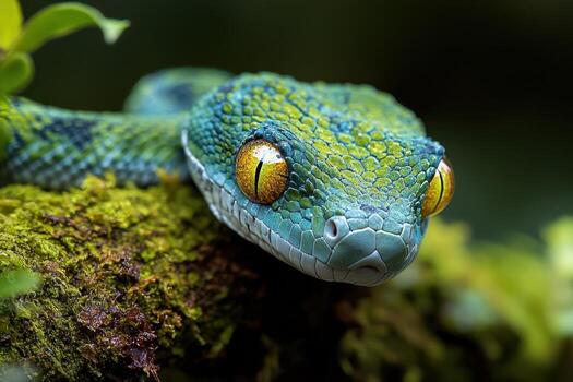A green snake with yellow eyes is sitting on a branch photo