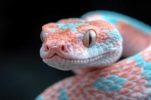 A close up of a snake with blue and pink colors photo
