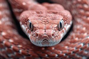 A close up of a red snake's head photo