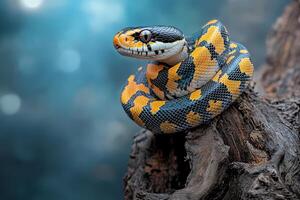 A snake with a bright yellow and black pattern on its body photo