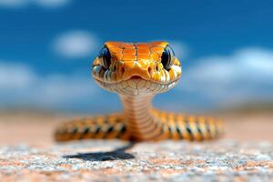 A close up of a snake with its head turned to the camera photo