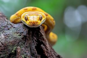 A yellow snake is sitting on a tree trunk photo