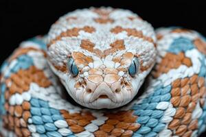 A close up of a snake with blue and white stripes photo