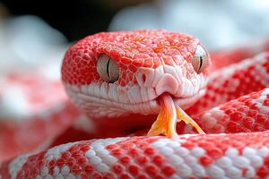 A close up of a red and white snake photo