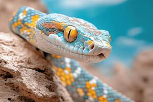 A close up of a snake with bright orange eyes photo