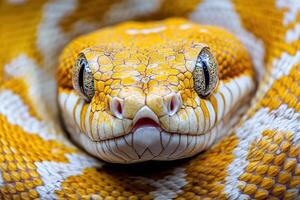 A close up of a yellow and white snake photo