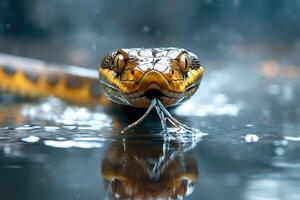 A snake is in the rain with its mouth open photo