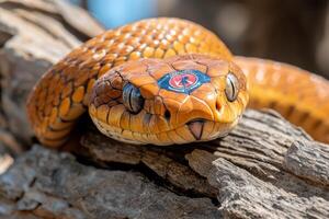 A close up of a snake with a blue eye photo