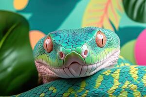 A snake with bright red eyes is sitting on a leaf photo