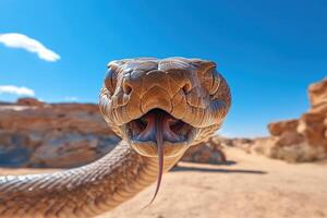 A close up of a snake's mouth with its tongue out photo