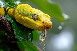 A yellow snake with its mouth open photo
