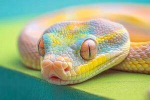 A colorful snake with a yellow and blue face photo