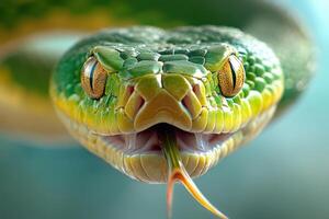 A close up of a green snake with its mouth open photo