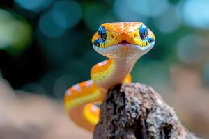 A close up of a snake with bright orange and blue stripes photo