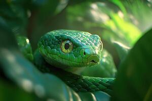 A green snake is hiding in the leaves photo