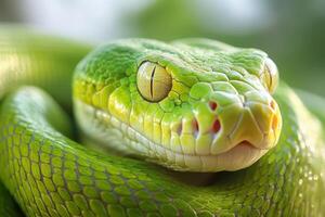 A close up of a green snake with its eyes open photo