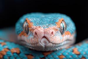 A close up of a blue and orange snake photo