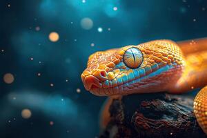 A close up of a snake with bright lights photo