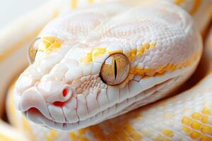 A close up of a white and yellow snake photo
