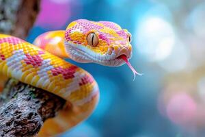 A colorful snake with pink and yellow stripes photo