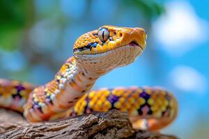A close up of a colorful snake on a tree branch photo