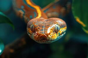 A close up of a snake with bright blue eyes photo