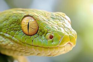 A close up of a green snake with yellow eyes photo