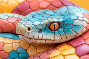 A colorful snake with a red eye photo